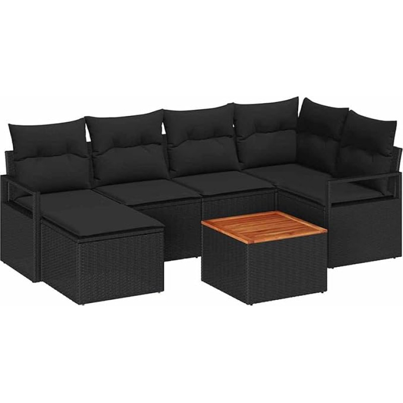 7-teiliges Garten Sofa Set mit Kissen Schwarz Poly Rattan Akazie, 2-Sitzer Garten Sofa mit Stauraum & Kissen Schwarz Poly Rattan Gartenlounge Model3356399