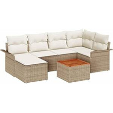 7-teiliges Garten Sofa Set mit Kissen Beige Poly Rattan Akazie Gartenlounge Modelis3347351