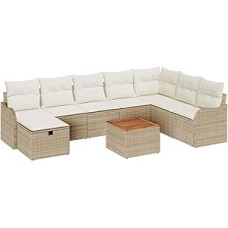 9-teiliges Garten Sofa Set mit Kissen Beige Poly Rattan, 2-Sitzer Garten Sofa mit Kissen Beige Poly Rattan Gartenlounge Modelis3359498