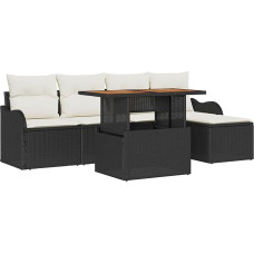 6-teiliges Garten Sofa Set mit Kissen Schwarz Poly Rattan Akazie, 2-Sitzer Garten Sofa mit Kissen Schwarz Poly Rattan Gartenlounge Model3349445