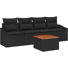 5-teiliges Garten Sofa Set mit Kissen Schwarz Poly Rattan Akazienholz Gartenlounge Model3347765
