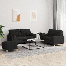 Schwarz Stoff 2-Sitzer-Sofa mit Fußhocker & Kissen - Komfortable Wohnzimmergarnitur Model3201302