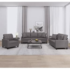 Gecheer 3-TLG. Sofagarnitur mit Kissen Grau Kunstleder, Moderne Couch Polstersofa für Wohnzimmer Schlafzimmer Spielzimmer3201350