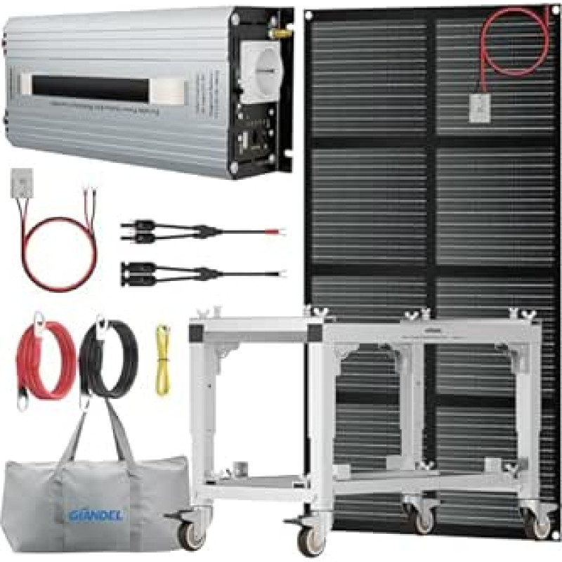 GIANDEL 1200W 12V ne tinkle saulės energijos sistemos inverterio sistemos rinkiniai: Sulankstomas akumuliatorių laikiklis + 1200W grynos sinusinės bangos inverteris su 20A saulės valdikliu + 150W saulės kolektorius + laikymo krepšys