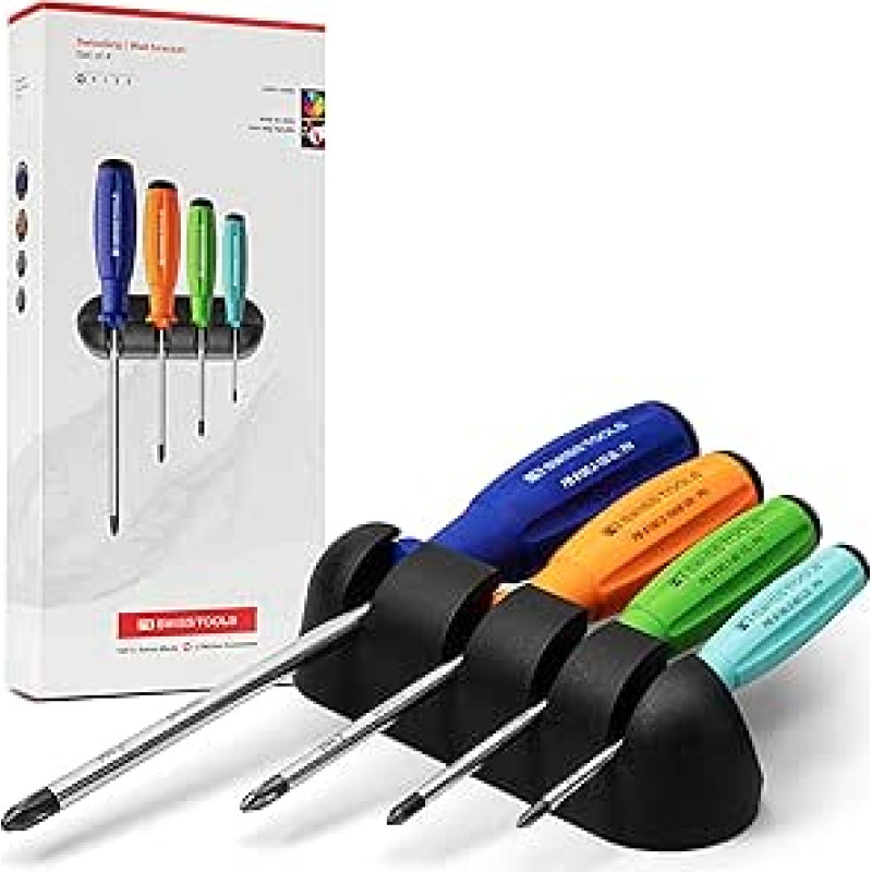 PB Swiss Tools Phillips atsuktuvų rinkinys PB 8242.RB | 100 % Šveicarijos gamybos | 4 dalių SwissGrip atsuktuvų rinkinys PH 0/1/2/3, įskaitant praktišką sieninį laikiklį