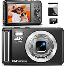 Skaitmeninis fotoaparatas 4K 64MP, 2,8 colio UHD automatinio fokusavimo fotoaparatas, 32GB kortelė ir baterija, 16X skaitmeninis priartinimas, įkraunamas nešiojamas kompaktiškas fotoaparatas vaikams pradedantiesiems paaugliams