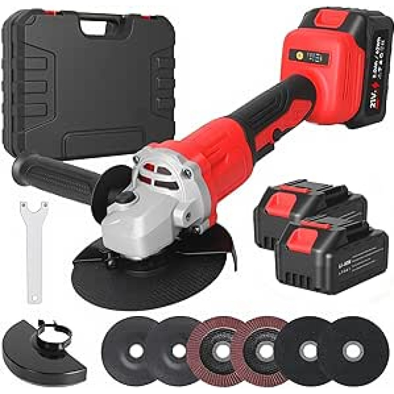 Akku-Winkelschleifer, 12000 U/min, bürstenloser Winkelschleifer mit 2 × 3,0 Ah Batterien, 6 Schneidräder, 125 mm professionelle elektrische Elektrowerkzeuge zum Schneiden und Schleifen