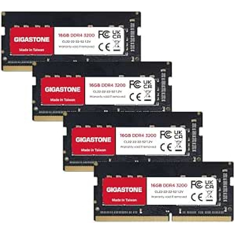 DDR4 RAM tik nešiojamiesiems kompiuteriams: GIGASTONE 64GB rinkinys (4x16GB) DDR4 3200MHz (2933MHz arba 2666MHz) PC4-25600(PC4-23400, 21300) CL22 1.2V SODIMM 260Pin Non-ECC Unbuffered Nešiojamųjų kompiuterių atminties atnaujinimas