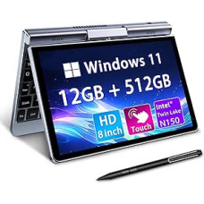 8 Inch Small Mini Laptop, Portable Rotating 2-in-1 Pocket PC, Windows 11 Pro, Intel N100 4-Core, 12GB LPDDR5 RAM, 1TB M.2 SSD, HD Touchscreen, WiFi 6, Gigabit Ethernet