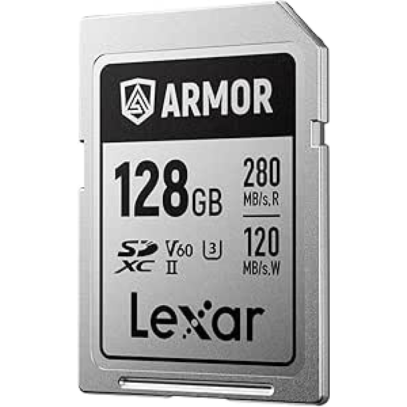 Lexar Armor Silver PRO SD kortelė 128GB UHS-II SD atminties kortelė Nerūdijančio plieno C10 U3 V60 6K UHD vaizdo įrašai Iki 280MB/s skaitymo 120MB/s rašymo SDXC kortelė DSLR / fotoaparatui / fotografui / videografui