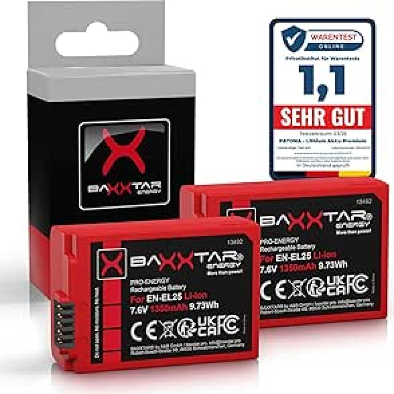 Baxxtar 2 x EN-EL25 fotoaparato akumuliatorius su V1 apsauginiu korpusu NTC jutikliu, 1350 mAh, 7,6 V, 10,3 Wh, suderinamas su Nikon EN-EL25a Z30 Z50 Z50 Z50II ZFC Z FC 30 50 50 II EN EL25 EL25a ENEL25