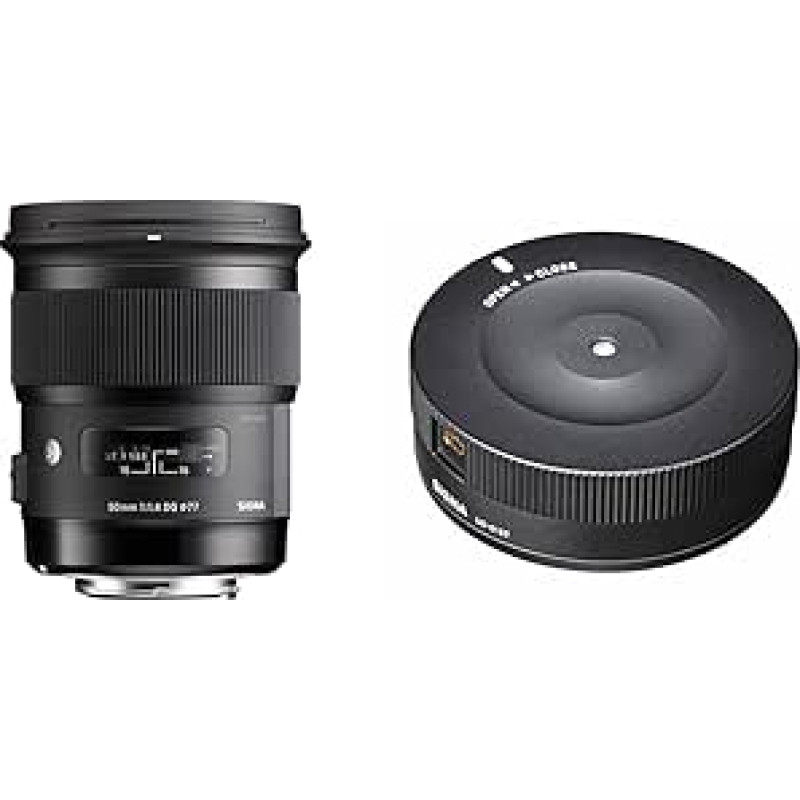 Sigma 50 mm F1.4 DG HSM Art objektyvas (77 mm filtro sriegis), skirtas Nikon objektyvo bajonetui, ir USB dokas, skirtas Nikon objektyvo bajonetui