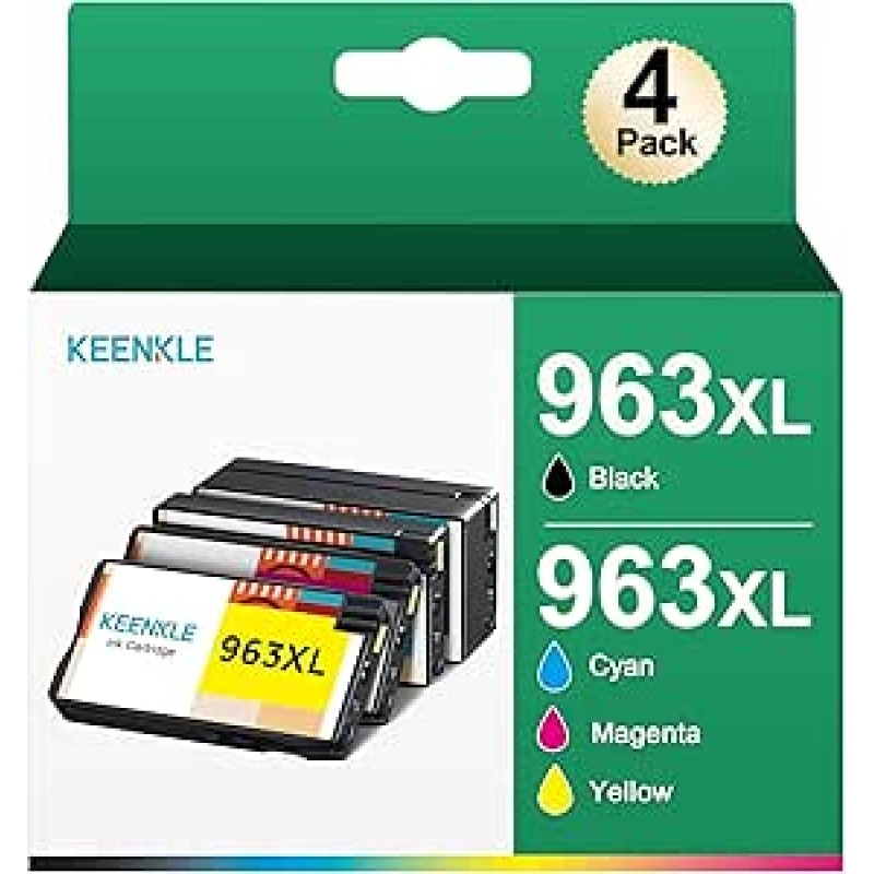 KEENKLE 963 963XL 4 rašalo kasečių pakuotė, skirta HP 963 963 XL rašalo kasetėms, skirtoms HP OfficeJet Pro 9010 9012 9022 9014 9015 9013 9020 9016 9018 9025 9019 (juoda/mėlyna/magenta/juoda/geltona) viena)