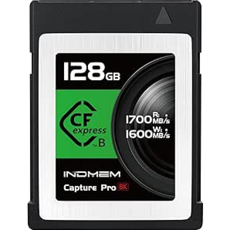 INDMEM CFexpress B tipo kortelė 128GB, CFexpress atminties kortelė 1700MB/s skaitymo 1600MB/s įrašymo palaikymas 8K RAW ir vaizdo įrašai, skirta kinematografininkams ir profesionaliems fotografams