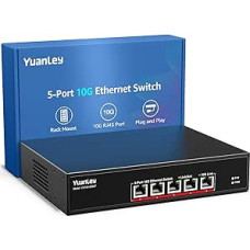 YuanLey 5 prievadų 10G Ethernet komutatorius, 5 x 10Gbps RJ45 prievadai, palaiko 10G/5G/2.5G/1G/100M greičio automatinį derinimą, 100Gbps komutavimo pajėgumas, nevaldomas komutatorius, montuojamas stove, 