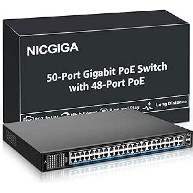 48 prievadų Gigabit PoE nevaldomas komutatorius su 48 prievadais IEEE802.3af/at PoE+@400W, 2 x 1G SFP, NICGIGA 50 prievadų tinklo maitinimo per Ethernet komutatorius, stacionarus/montuojamas ant stovo