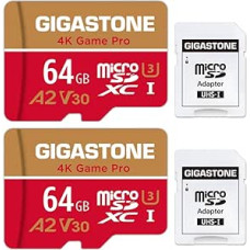 Gigastone 4K Game Pro 64GB MicroSDXC Memory Card Pack of 2 and SD Adapter with A2 App Performance up to 95MB/s for 4K Video Recording, Compatible with Switch, Micro SD Card UHS-I U3 V30 Class 10