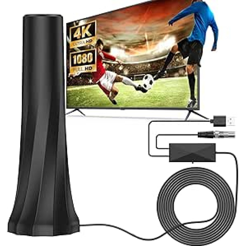 DVB-T2/DVB-T antena, patalpų antena televizoriams su stiprintuvu, TV antena su labai sustiprintu magnetiniu pagrindu, 360° priėmimo kampu, palaiko 4K/1080P HD kanalus ir visus televizorius.