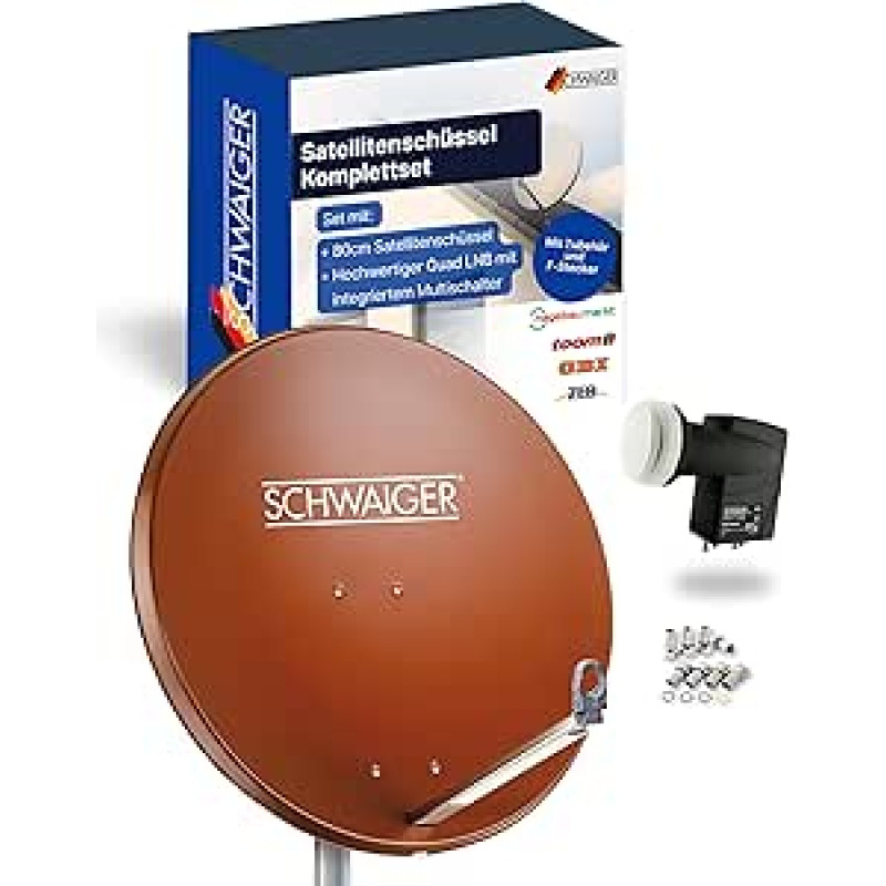 SCHWAIGER palydovinės antenos komplektas - 80 cm skersmens plytų raudonos spalvos aliuminio antenos su poslinkiu - įskaitant keturšalį LNB 4 kryptimis - skaitmeninės HD ir 4K priėmimo funkcija - integruotas kabelio vadovas ir apsauga nuo oro sąlygų