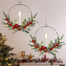 Dremisland Set of 2 Christmas Wreaths with Candles Lights 40 Prelit Christmas Tyres Wreath Farmhouse Winter Pine Cones Door Wreath Advent Wreath Christmas Door Decoration for Front Door Porch