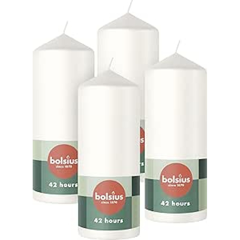 Bolsius Smooth Pillar Candles - baltos spalvos - 4 vnt. - 15 x 6 cm - dekoratyvinės buitinės žvakės - degimo trukmė 42 valandos - be kvapo - sudėtyje yra natūralaus augalinio vaško - be palmių aliejaus