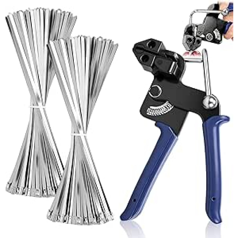 200 nerūdijančiojo plieno kabelių raiščių ir metalinio kaklaraiščio pistoleto pakuotė, 4,6 x 300 mm metaliniai kabelių raiščiai, kaklaraiščio pistoletas, pagamintas iš metalinio kabelių raiščio pistoleto, tinka kabelius rišti pramonėje ir žemės ūkyje