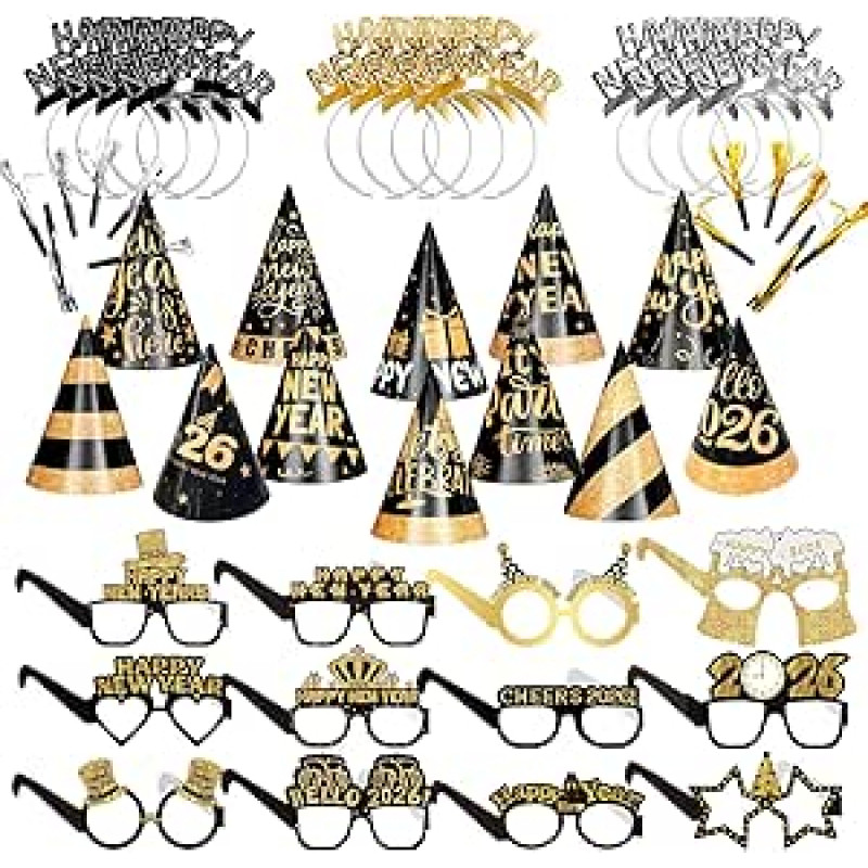 48 vnt. Naujųjų metų išvakarių dekoracijos Šalies reikmenys 2026 Foto stendas rekvizitai Komplektas su laimingų Naujųjų metų galvos juosta Naujųjų metų išvakarių partijos skrybėlės Popieriaus laimingi naujametiniai akiniai