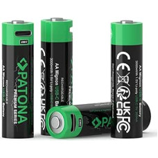 PATONA Mignon AA baterijos su USB-C įvadu (4 vnt.), 1,5 V / 3000 mWh, 2000 mAh, įkraunamos per USB-C įvadą (350 mA), USB-C įkrovimo kabelis su 2 prievadais - 1410