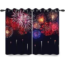 117x138cm Ösenvorhang mit Feuerwerk Stadtnacht Schwarzer Himmel Buntes Feuerwerk Frohes neues Jahr Frohe Weihnachten Thermo Verdunkelungsvorhänge für Schlafzimmer Wohnzimmer,2 paneel