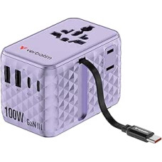 Verbatim GaN Travel Adapter 100 W Purple, Socket Adapter with Integrated Cable and 2 x USB-C, 2 x USB-A, 2 x USA/JP Port, Universal Fast Charger for Laptop, iPhone 17/16/15, Worldwide Use