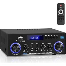 AK50 HiFi Amplifier with Bluetooth RMS 60WX2 Stereo Audio Amplifier Receiver 2.0 Channel Max 400W Output Mini Amplifier Speaker Amplifier w/ FM Radio, Echo, Microphone, USB, SD Input for Home