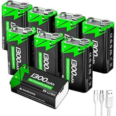 9 V įkraunama baterija, 1300 mAh ličio jonų baterijos su USB-C greitojo įkrovimo kabeliu, idealiai tinka dūmų detektoriams, gaisro detektoriams, signalizacijoms, mikrofonams, multimetrams ir kt. (8 vnt.)