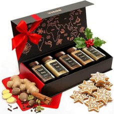 VIGOR prieskonių dovanų rinkinys su 5 prieskoniais: Muškatas, imbieras, gvazdikėliai, cinamonas ir kardamonas - aukščiausios kokybės prieskonių dėžutė su prieskonių indeliais - kepimo, Kalėdų ir žiemos receptai