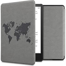 kwmobile Case Compatible with Amazon Kindle Paperwhite (11th Gen - 2021) - Faux Leather eReader Protective Case - Travel Outline Grey