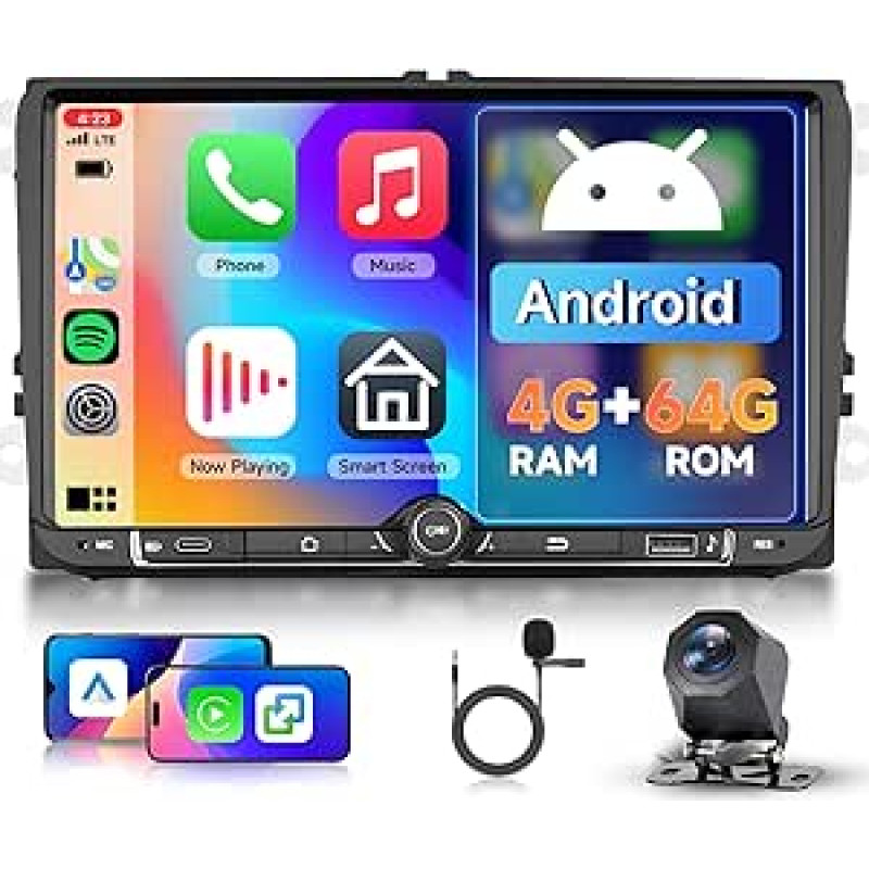 Hodozzy 4G + 64G Android automobilinis radijas VW Seat Altea Toledo Leon Skoda Fabia Passat su belaidžiu Carplay Android Car, 9 colių jutiklinio ekrano radijas 2 DIN su navigacija Bluetooth WiFi, DSP, radijas FM/RDS