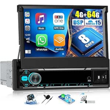 OiLiehu 4G + 64G 8 Core Android 15 Car Radio 1 DIN Wireless CarPlay Android Car 7 Inch Manual Retractable Car Radio with Screen GPS WiFi Bluetooth Mirror Link FM RDS SWC USB DSP EQ Reversing Camera
