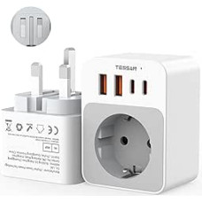 TESSAN adapteris Anglija Vokietija kištukas, sulankstomas 5 in 1 kelioninis G tipo adapteris su 2 USB C ir 2 USB A, mažas sulankstomas dizainas, kištukinis adapteris Londonui Maltai Airijai Dubajui, JK adapteris į ES