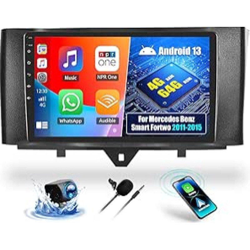 OiLiehu 4+64G Android 13 Dvigubas DIN radijo imtuvas Carplay Android automobilis Mercedes Benz Smart Fortwo 2011-2015 m. Automobilinis radijas su 9 colių ekranu su Mirror Link Bluetooth FM RDS GPS WiFi EQ + atbulinės eigos kamera