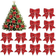 Fantasyon 12 pakuočių didelių blizgučių raudonų kalėdinių lankų dekoracijų, kalėdinių eglučių lankų ornamentų, kalėdinių dekoratyvinių lankų, blizgučių lankų, skirtų kalėdiniams vainikams