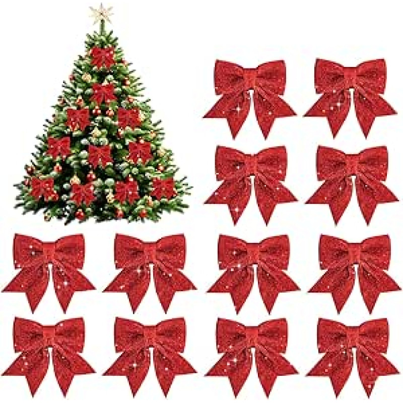 Fantasyon 12 pakuočių didelių blizgučių raudonų kalėdinių lankų dekoracijų, kalėdinių eglučių lankų ornamentų, kalėdinių dekoratyvinių lankų, blizgučių lankų, skirtų kalėdiniams vainikams
