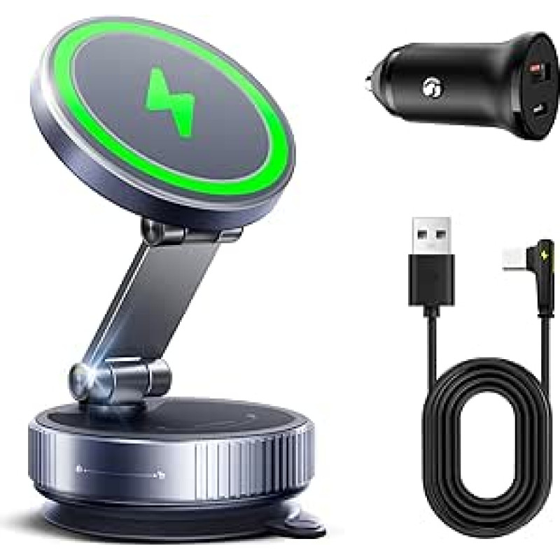 15 W magnetinis automobilinis mobiliojo telefono laikiklis su įkrovimo funkcija ir belaidžiu greituoju įkrovikliu, 360° pasukamas ir sulankstomas, vakuuminis siurbimo puodelis, suderinamas su 