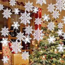Snaigės kabančios dekoracijos 12 x snaigių girlianda ir 12 x 3D blizgučių didelės baltos snaigės Kalėdų žiemos atostogų Naujųjų metų šalis namų apdaila