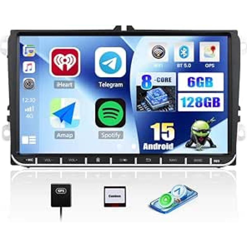 CAMECHO 6GB + 128GB 8 branduolių Android 15 automobilinis radijas VW Golf 5 Polo Caddy Skoda su Navi Carplay Android Car Wireless, dvigubas DIN radijas su 9 colių ekranu, Mirror Link RDS/FM Bluetooth 5.0 + DSP