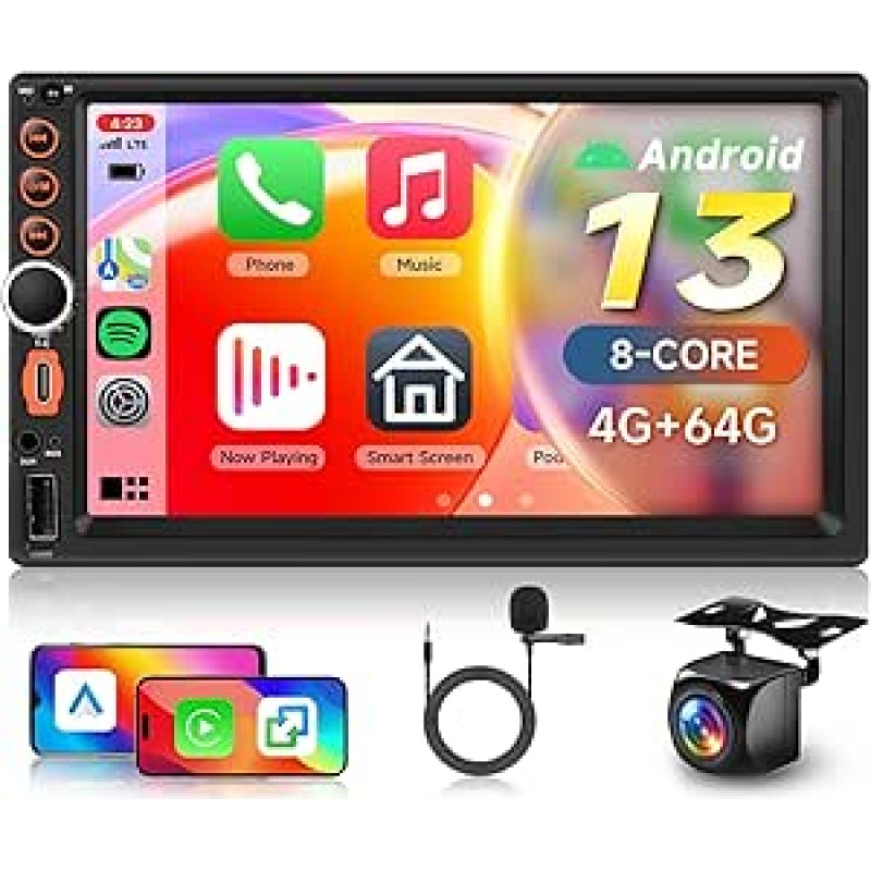 8 branduolių 4 + 64G: Hodozzy Belaidis Carplay Android automobilinis radijas 2 DIN su USB USB-C 7 colių QLED ekranu, automobilinis radijas Bluetooth su Android Car/DSP/WiFi/RDS/FM + atbulinės eigos kamera