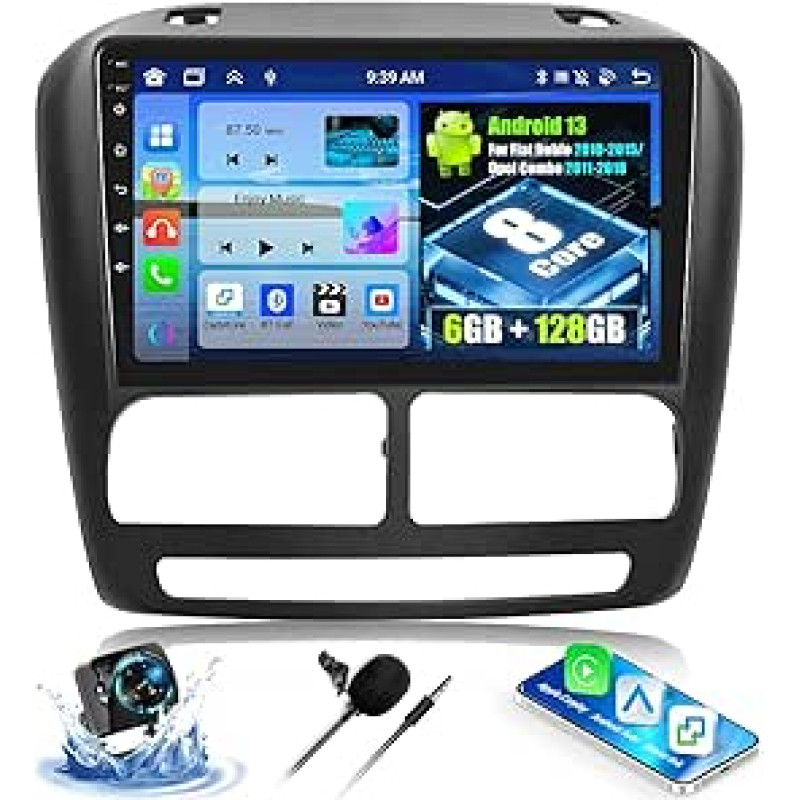 OiLiehu 6+128G 8 branduolių Android 13 2 DIN radijo imtuvas Fiat Doblo 2010-2015/Opel Combo 2011-2018 CarPlay Android automobilinis radijas su 9 colių ekranu, Bluetooth GPS FM RDS WiFi SWC DSP/EQ