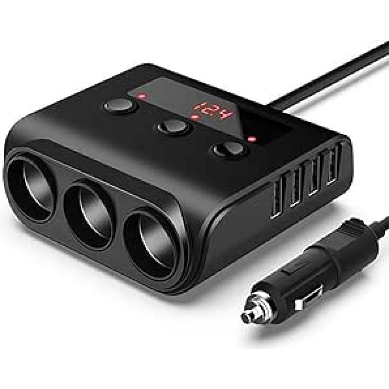 Automobilinis įkroviklis Cigarečių žiebtuvėlio lizdas Splitter 120 W Cigarečių žiebtuvėlio adapteris su 4 USB prievadais Atskiras jungiklis Įtampos ekranas telefonams Planšetės Dash Cam