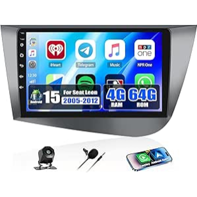 CAMECHO 4+64G 9 Zoll Android 15 Autoradio für Seat Leon 2005-2012, Navi Radio mit GPS WiFi Wireless Carplay Android Auto FM RDS 32EQ Mirror Link, HD Touchscreen Display +Rückfahrkamera
