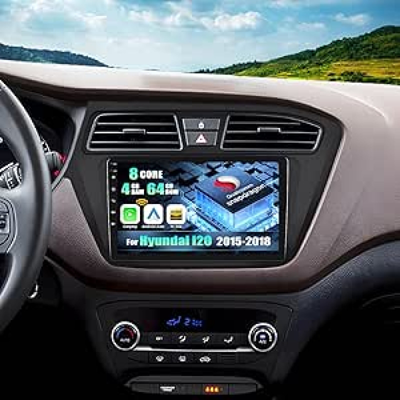 CAMECHO Android 15 Qualcomm Octa Core 4G + 64G automobilinis radijas Hyundai i20 2015-2018 su Carplay Android Car Dual WiFi 9 colių ekranas su navigacija Bluetooth 5.1 FM/RDS/Hi-Res+AHD galinio vaizdo kamera