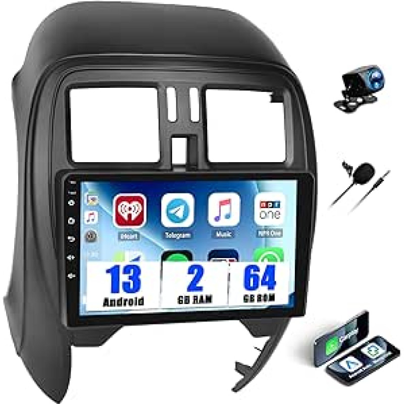 SIXWIN 2+64G Android 13 automobilinis radijas Nissan Micra 2010-2017 m. su Carplay/Android Car/Mirror Link, 9 colių jutiklinis ekranas su WiFi GPS Bluetooth FM/RDS EQ + atbulinės eigos kamera