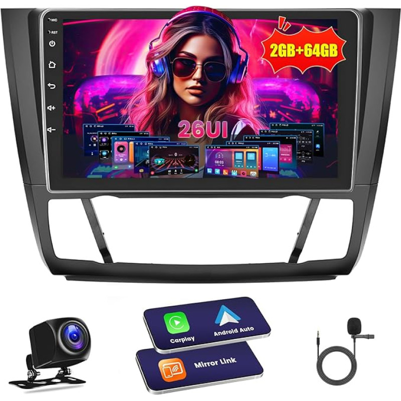 Automobilinis radijas BMW 1 serijos E81 E82 E87 E88 2008-2012, Android 2G+64G, Wireless Carplay ir Android Car, 2 DIN radijo imtuvas su GPS/WiFi/Bluetooth/USB/RDS/FM mikrofonu, atbulinės eigos kamera